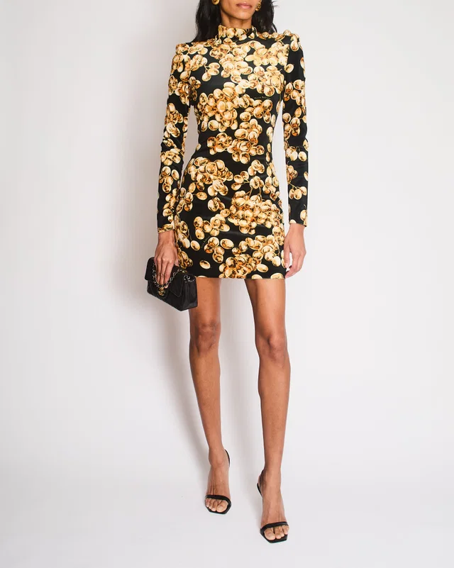 Balmain Black Velvet Long-Sleeved Mini Dress with Gold Grape Print and Gold Buttons Size FR 36 (UK 8) in Black Velvet from Sellier