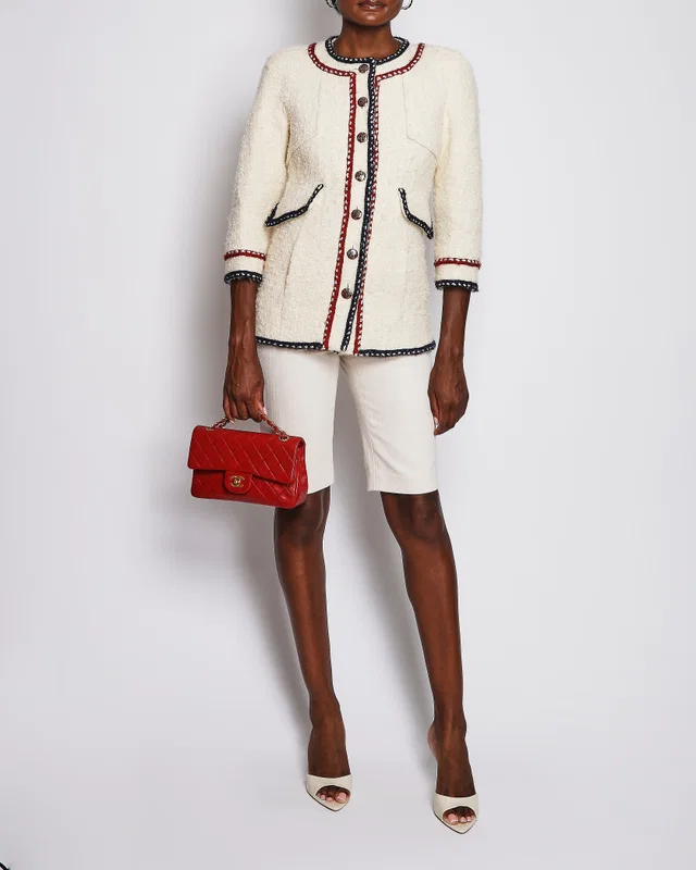 Chanel 18/P Ivory Metiers d'Art Braid Trimmed Tweed Jacket with CC Button Detail Size FR 36 (UK 8) in White Tweed from Sellier