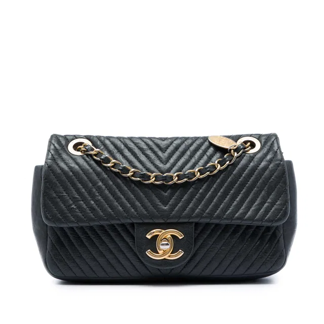 Black Chanel Small Chevron Wrinkled Calfskin Medallion Charm Surpique Flap Shoulder Bag in Black Calfskin from Designer Revival