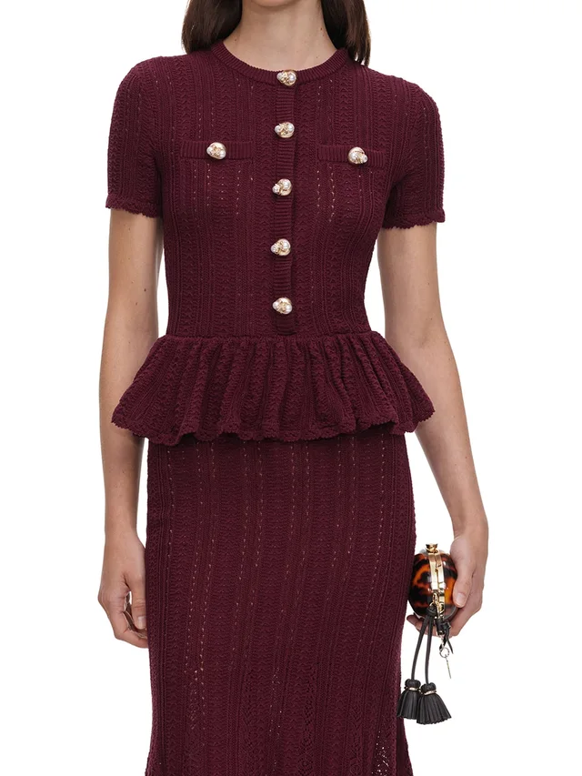 Self-Portrait burgundy pointelle peplum knit midi dress, photo 4 of 4 from SENSER