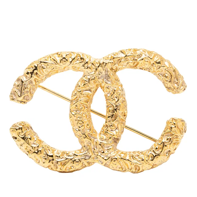 Gold Chanel CC Gold Plated Baroque Embossed Brooch in Gold from Designer Revival