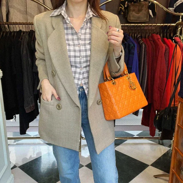 Dior Tweed Double-Breasted Jacket #M Beige/Mint in Beige Tweed from VINTAGE QOO TOKYO