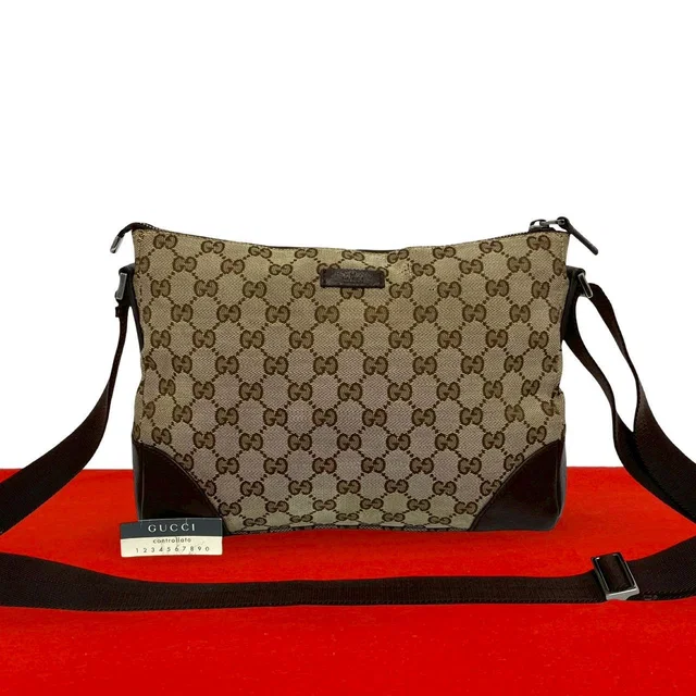 Gucci GG Canvas Leather Shoulder Bag Pochette Crossbody Cross Brown in Brown Canvas from The Reluxe