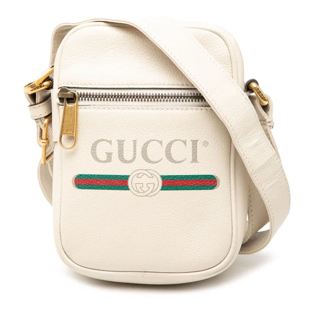 White Gucci Mini Grained Calfskin Logo Crossbody in White Caviar leather from Designer Revival