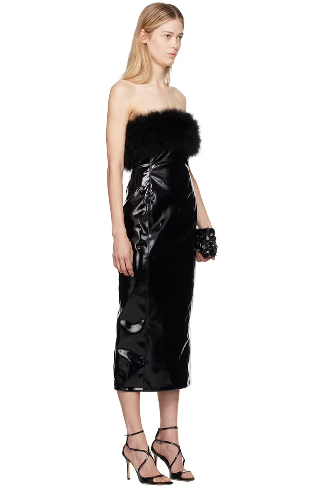 Blumarine Black Marabou Feather Faux-Leather Midi Dress, photo 2 of 4 from SSENSE
