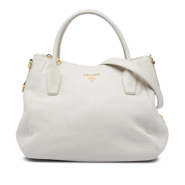 White Prada Vitello Daino Zip Top Convertible Tote Satchel in White Leather from Designer Revival