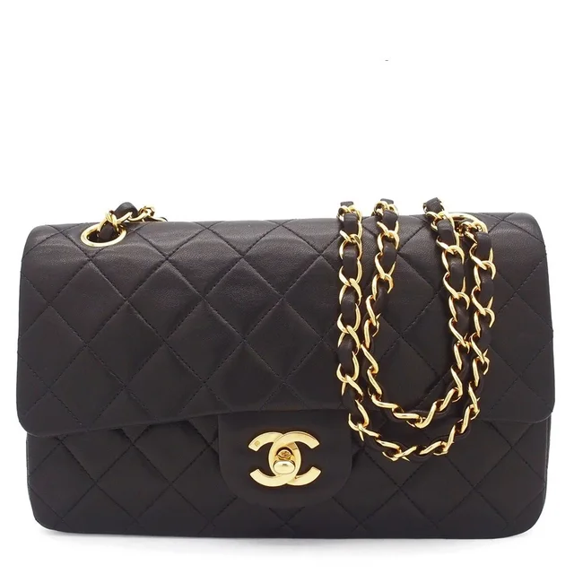 Chanel Shoulder Bag Black Gold Lambskin Quilted 23 Double Flap Chain in Black Lambskin from The Reluxe