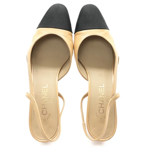 Chanel Grosgrain Cap Toe CC Slingback Pumps 38.5 Beige Black in Black Goatskin from FASHIONPHILE, photo 2 of 9
