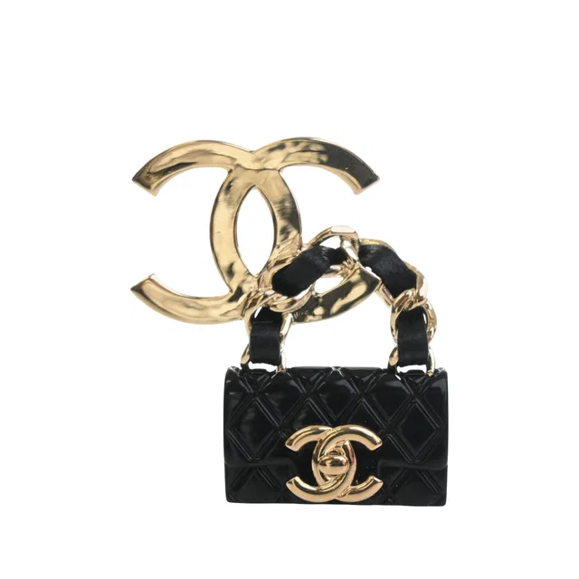 Gold Chanel CC Gold Plated Quilted Enamel Flap Bag Brooch in Gold from Designer Revival
