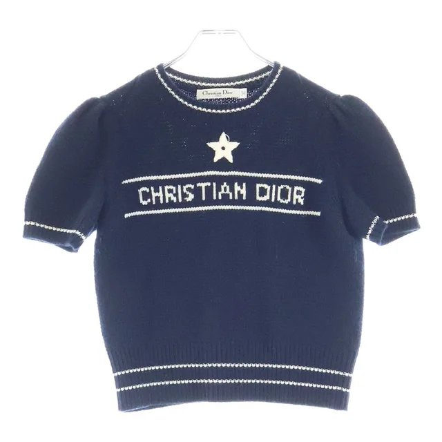 Dior Logo Embroidery Short Sleeve Cashmere Knit Sweater Navy in Navy Cashmere from The Reluxe