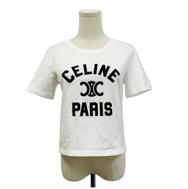 Celine White Triomphe Paris Logo T-Shirt size S in White from Luxury Promise