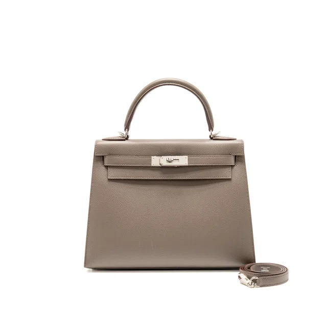 Hermès Kelly 28 Epsom 8F Gris Etain SHW Stamp D in Taupe Epsom leather from EMIER