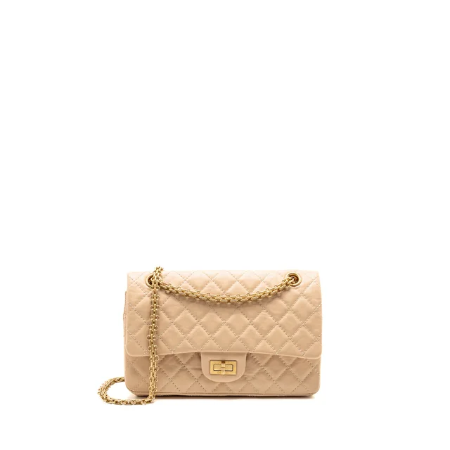 Chanel Small 2.55 Reissue Double Flap Bag Aged Calfskin Beige GHW in Beige Calfskin from EMIER