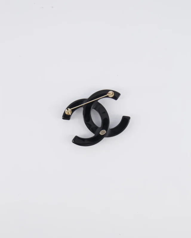 Chanel 24A Black and Crystal Embellished CC Logo Brooch in Black from Sellier, photo 2 of 5