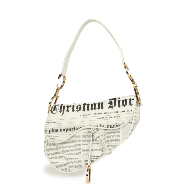 Dior Vintage Mini "Newspaper" Saddle Bag White, Black Leather Gold Hardware in Black Leather from Madison Avenue Couture