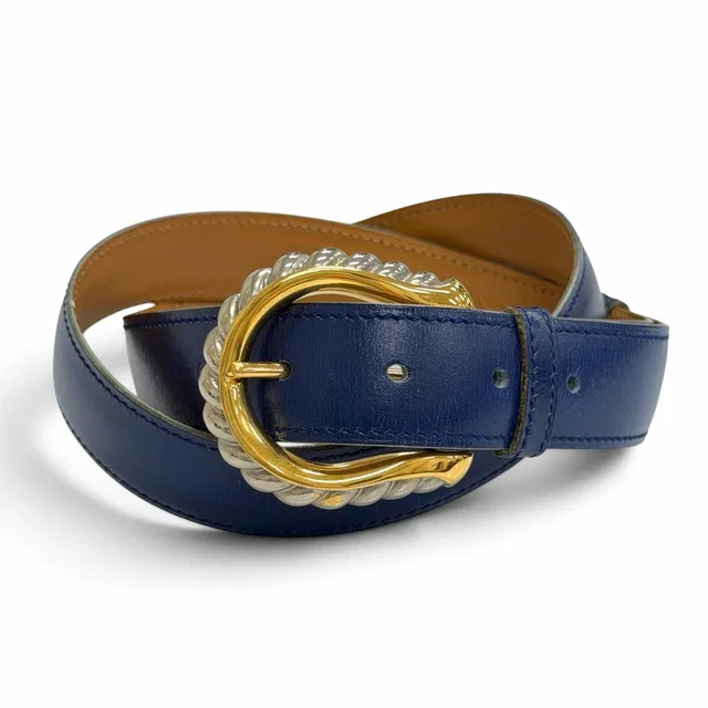 Hermès Vintage Silver Gold Leather Belt Navy Blue 75 in Navy Leather from The Reluxe