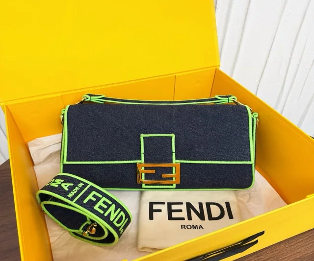 Fendi Denim Bagel with Fluorescent Green Trim 33 in Green Denim from Luxury Promise
