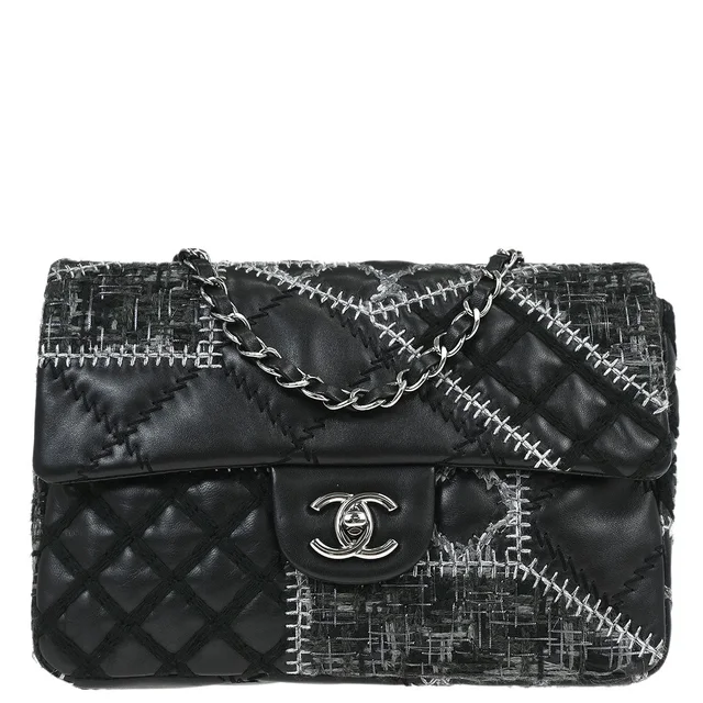 Chanel 2011 Black Tweed Lambskin Patchwork Stitch Shoulder Bag in Black Lambskin from AMORE Vintage Tokyo