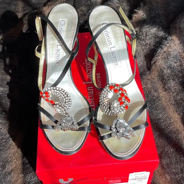 Jeweled Christian Lacroix Heels Shoes Eu 40 9.5 10 Black Satin Straps in silver|gray|red Satin from Poshmark
