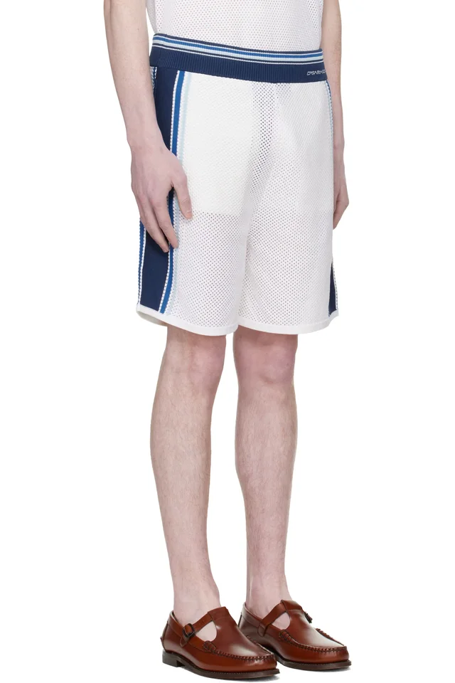 Casablanca Off-White & Blue Striped Mesh Track Shorts, photo 2 of 4 from SSENSE