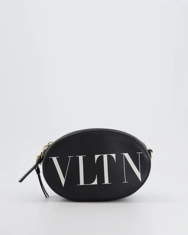 Valentino Garavani Black Leather Small Round Bag with White VLTN Print Detail and Champagne Gold Rockstud Strap in Black Leather from Sellier