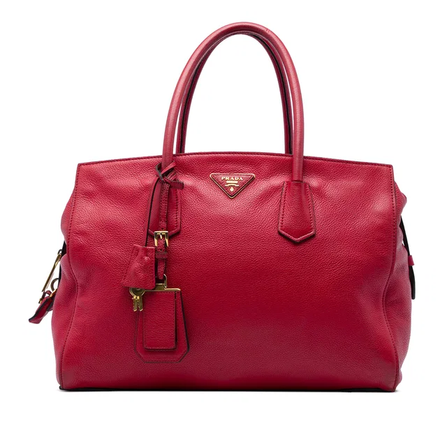 Red Prada Vitello Daino Zip Top Convertible Tote Satchel in Red Leather from Designer Revival
