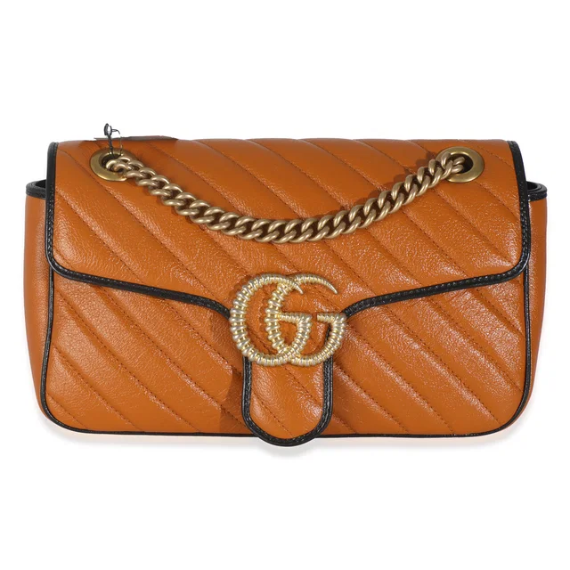 Gucci Cognac Calfskin Matelasse Diagonal Small Torchon GG Marmont Shoulder Bag in Brown Calfskin from myGemma