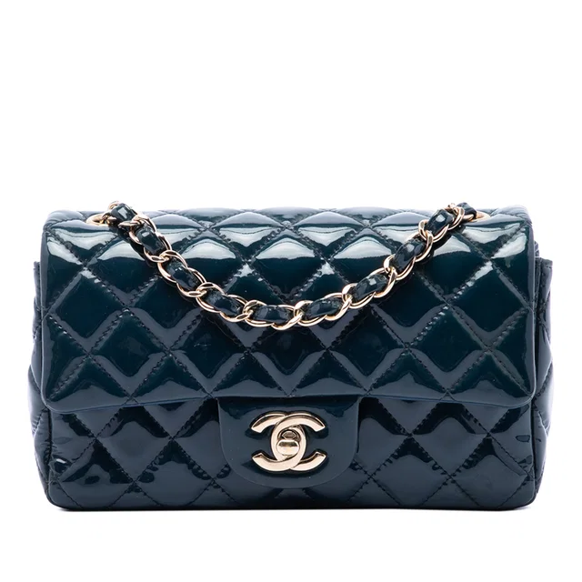 Blue Chanel Mini Rectangular Classic Patent Single Flap Crossbody Bag in Blue Patent leather from Designer Revival