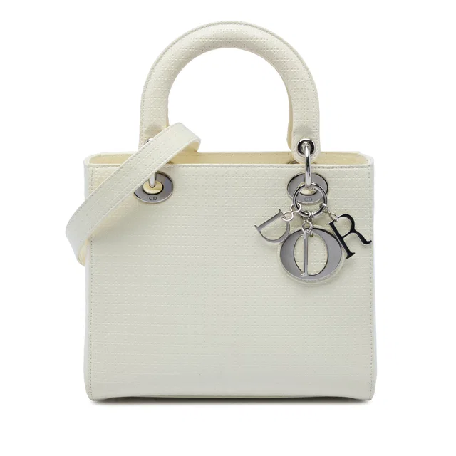 White Dior Medium Patent Microcannage Lady Dior Satchel in White Patent leather from Designer Revival