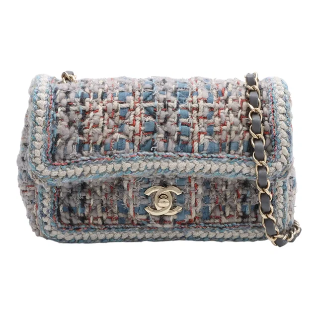 Chanel 2018 Tweed CC Turnlock Chain Shoulder Bag Gray/Blue/Multi in Blue Tweed from VINTAGE QOO TOKYO