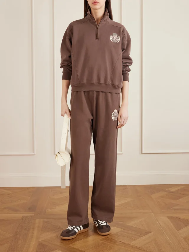 SPORTY & RICH Embroidered cotton-jersey half-zip sweatshirt in Brown, photo 2 of 2 from NET-A-PORTER (Canada)