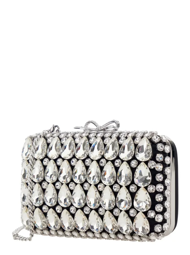 SELF-PORTRAIT Clutch Bag 'BLACK SATIN CRYSTAL' with Crystal Details in Black Satin for Women in Black, photo 3 of 10 from Gaudenzi Boutique