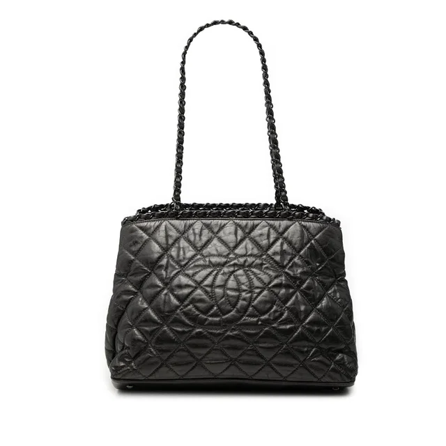 Black Chanel Small Quilted Calfskin Chain Me Tote in Black Calfskin from Designer Revival