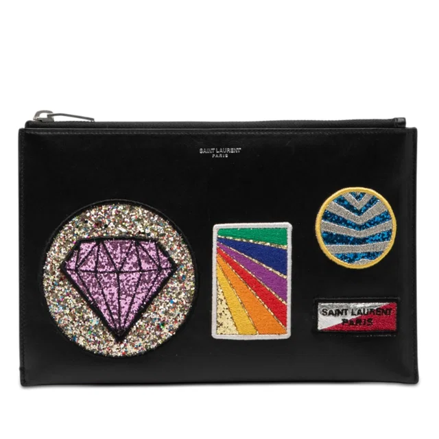 Black Saint Laurent Leather Multi Patch Zip Pouch Clutch Bag in Black Leather from Designer Revival