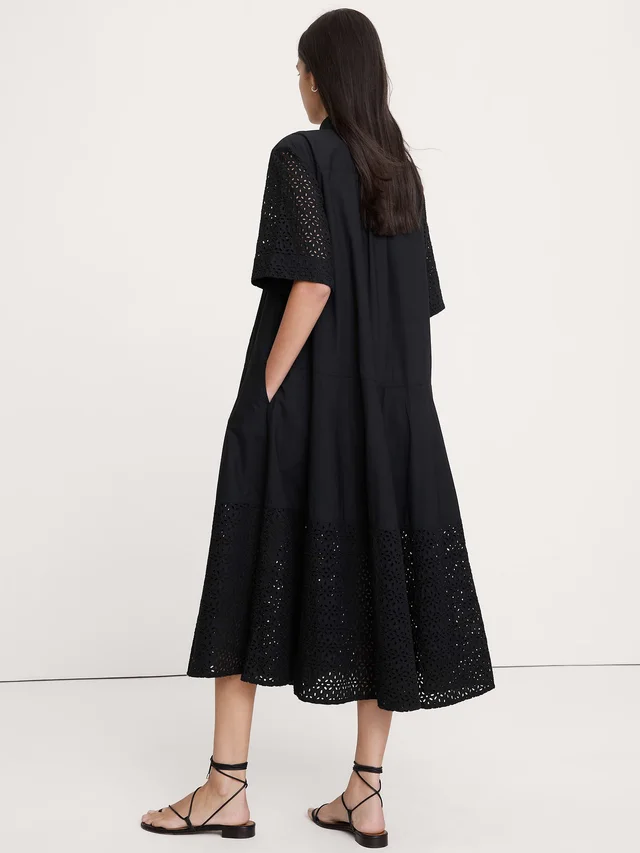 Banana Republic Eyelet Trapeze Maxi Shirt Dress in Black with Embroidery, photo 2 of 5 from Banana Republic (Canada)