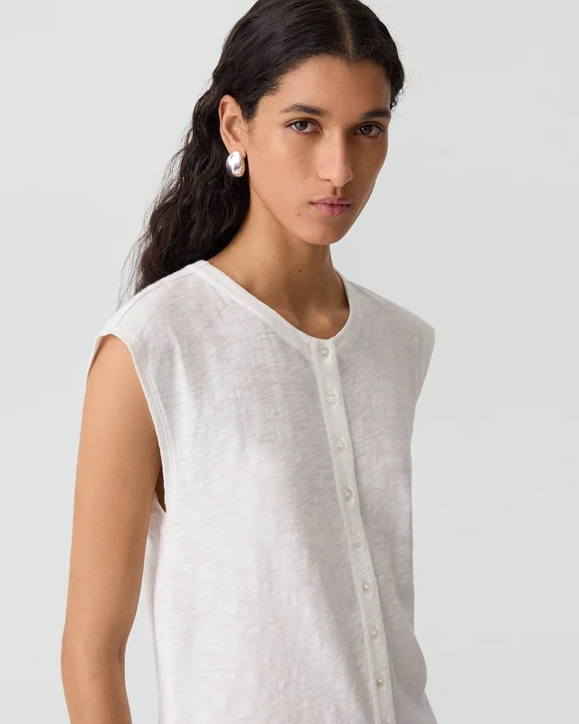 Theory Crewneck Button-Up Top in Organic Slub Cotton, photo 5 of 6 from Theory
