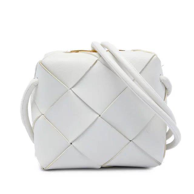 White Bottega Veneta Mini Lambskin Intrecciato Cassette Camera Bag in White Lambskin from Designer Revival
