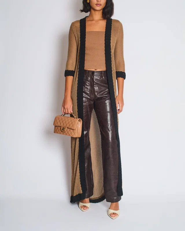 Chanel 03/P Brown Crochet Knitted Long Line Cardigan with Black Trim Detail Size FR 40 (UK 12) in Black from Sellier
