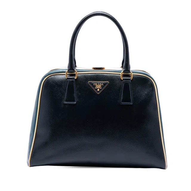 Blue Prada Bicolor Saffiano Vernice Pyramid Frame Handbag in Blue Saffiano leather from Designer Revival