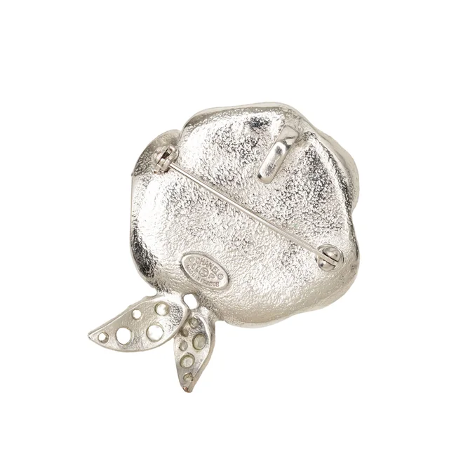 Silver Chanel CC Brass Enamel Strass Camellia Brooch in Silver from Designer Revival, photo 2 of 2