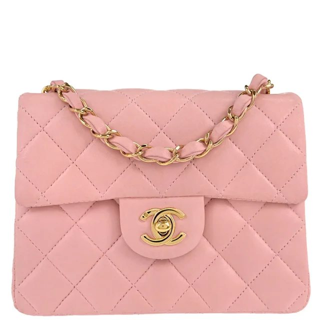 Chanel 2003-2004 Pink Lambskin Mini Classic Square Flap Bag 17 in Pink Lambskin from AMORE Vintage Tokyo