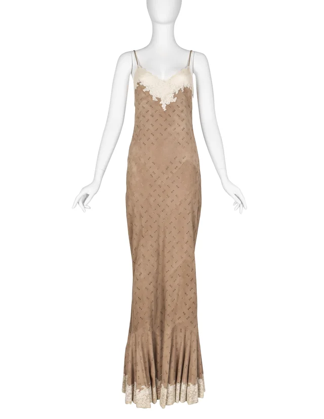 Dior by John Galliano Vintage AW 1999 Beige Suede and Lace Gown in Beige Suede from Amarcord Vintage Fashion