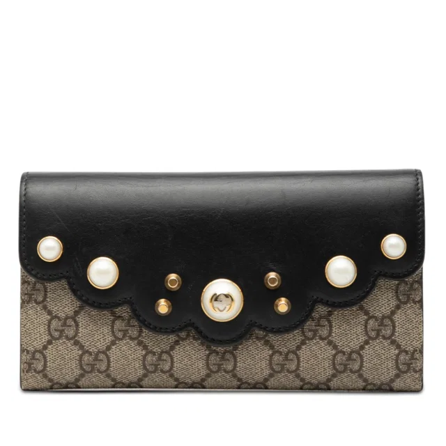 Beige Gucci GG Supreme Pearl Studded Peony Long Wallet in Beige Coated canvas from Designer Revival