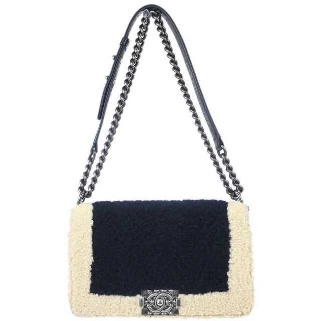 Boy Chanel 2015-2016 Black Shearling Medium Double Chain Shoulder Bag in Black from AMORE Vintage Tokyo