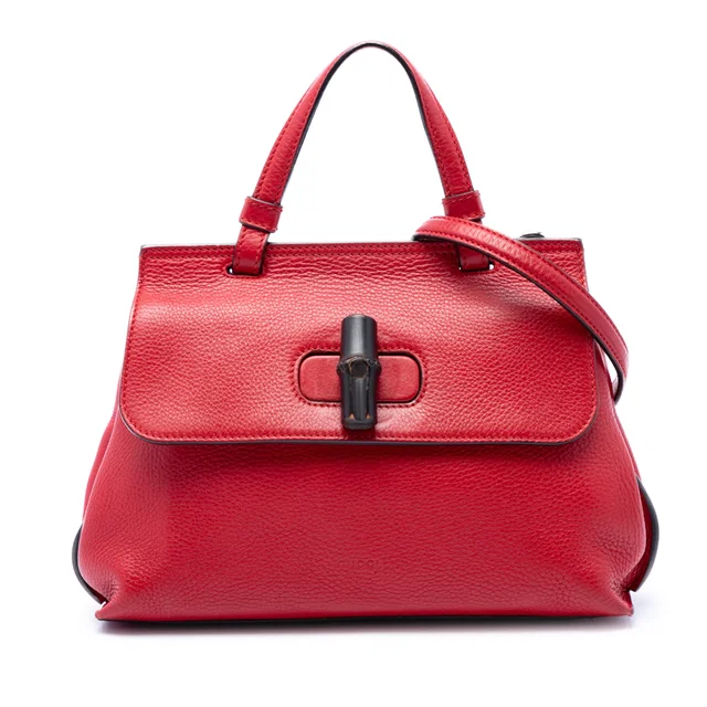 Red Gucci Small Calfskin Bamboo Daily Satchel in Red Calfskin from Designer Revival