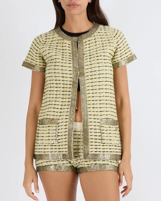 Chanel SS 2011 Yellow and Black Cashmere Knitted Cardigan and Micro Shorts Set with Crystal… in Black Cashmere from Sellier