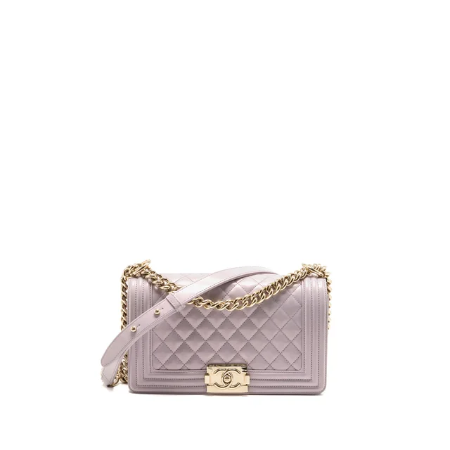 Chanel 16P Medium Boy Bag IRIDESCENT Glazed Calfskin Light Purple LGHW in Purple Calfskin from EMIER