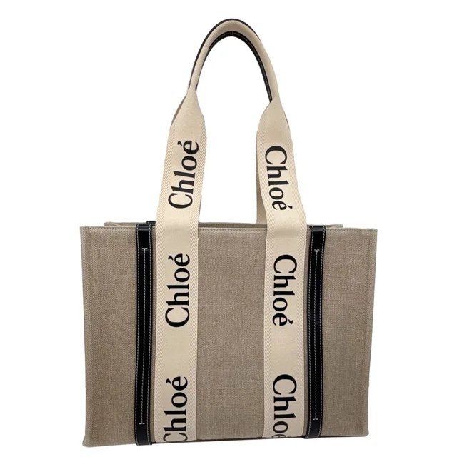 Chloé Woody Medium Linen Canvas Tote Bag Cream in White Canvas from Dallas Designer Handbags
