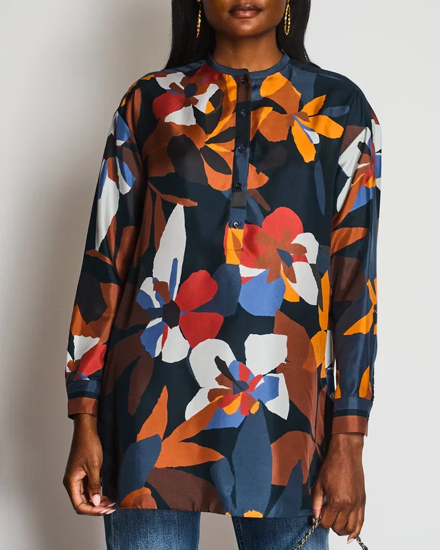 Loro Piana Floral Orange and Navy Long Sleeve Silk Shirt Size IT 40 (UK 8) in Navy Silk from Sellier