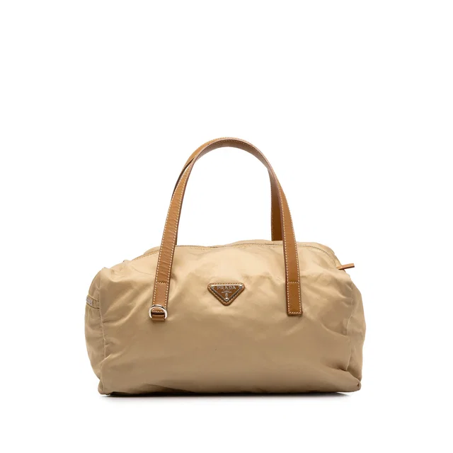 Beige Prada Saffiano Trimmed Tessuto Boston Bag in Beige Saffiano leather from Designer Revival